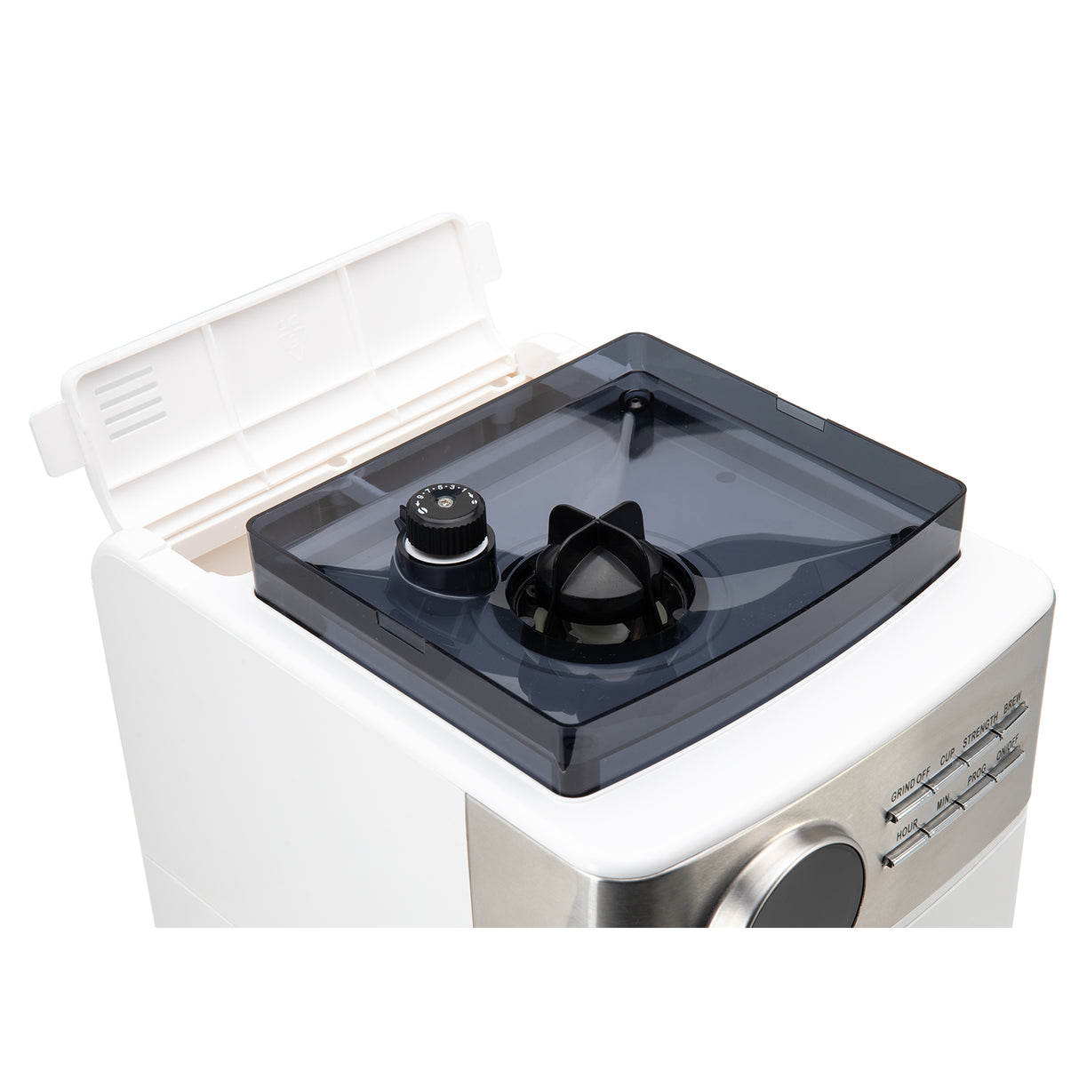 Epsilon Coffee Maker with Built-in Grinder, 12 Cup Programmable Drip Coffeemaker with Stainless Steel Filter Basket – White