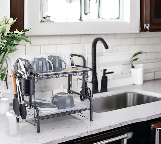Black dish rack on a modern kitchen counter