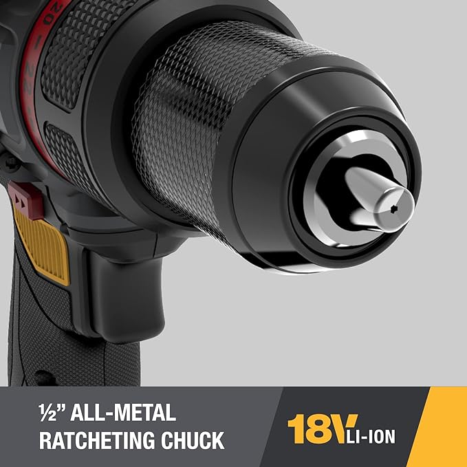 Close-up of CAT DX13 18V drill showing 1/2" all-metal ratcheting chuck