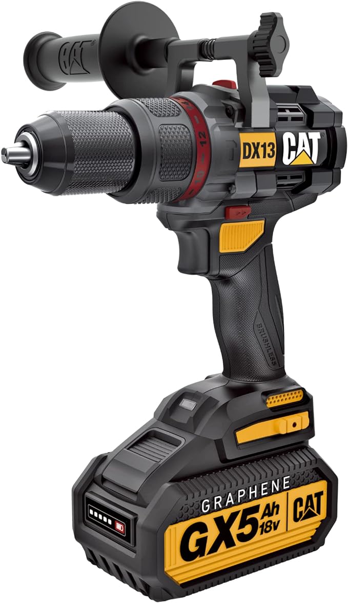 Front view of CAT DX13 18V Li-Ion drill with GX5Ah graphene battery