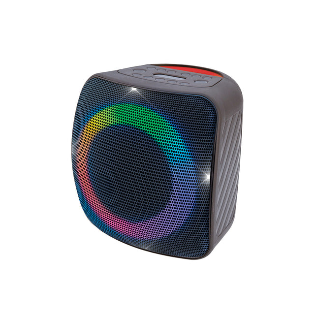 Front view of Cube portable Bluetooth speaker with LED lights