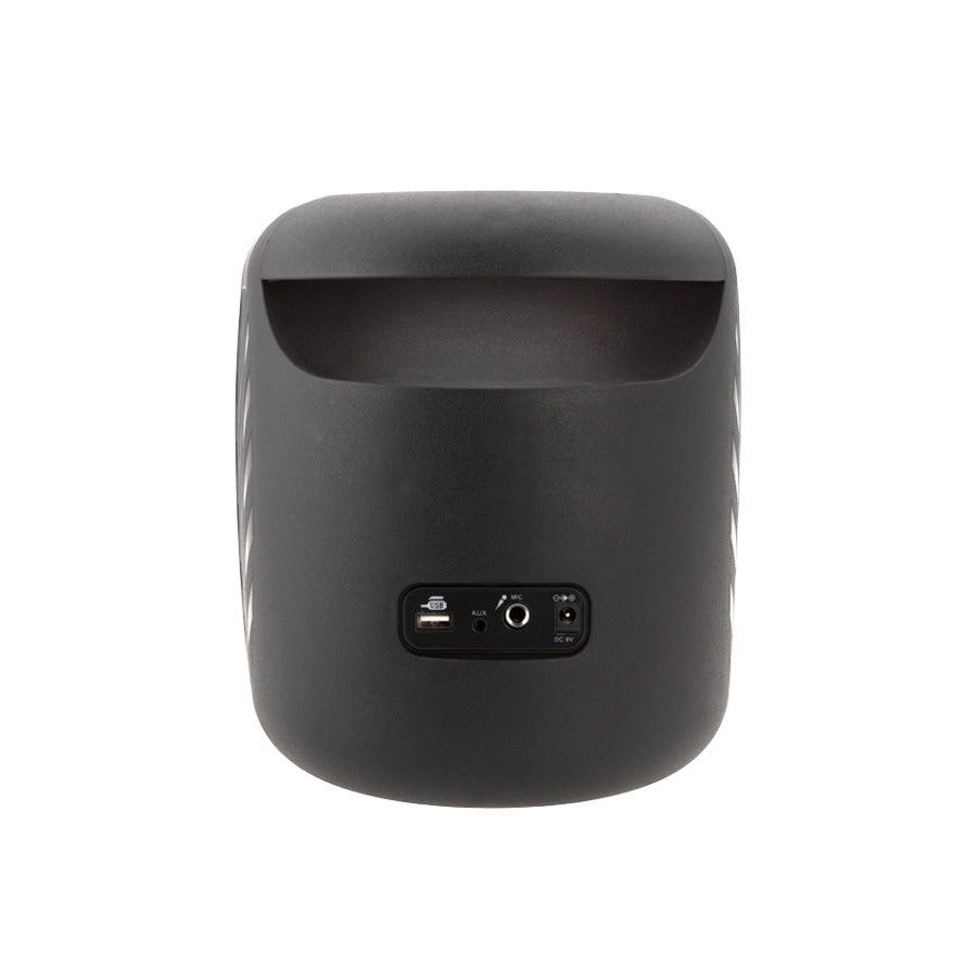 Back view of Cube portable Bluetooth speaker showing connectivity ports