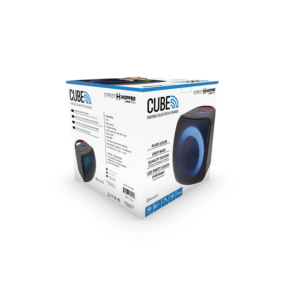 Back of Cube portable Bluetooth speaker packaging detailing specifications and usage