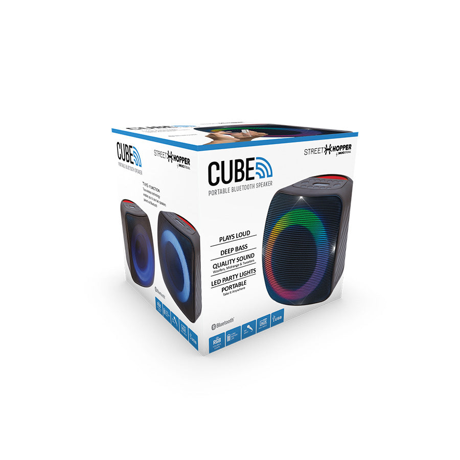 Cube portable Bluetooth speaker packaging front view showcasing product features