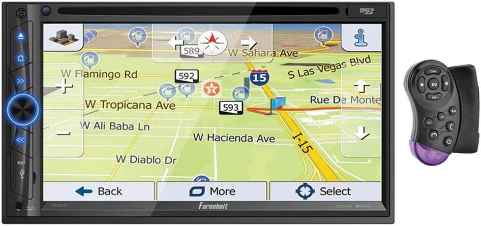 Farenheit car stereo displaying GPS map of Las Vegas