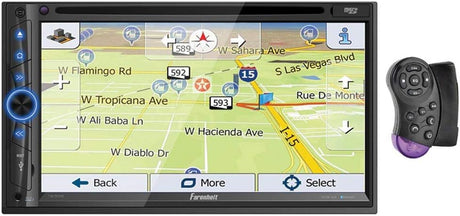Farenheit car stereo displaying GPS map of Las Vegas