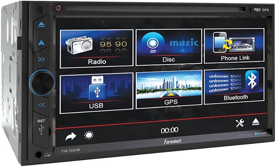 Home screen of Farenheit car stereo showing multimedia options