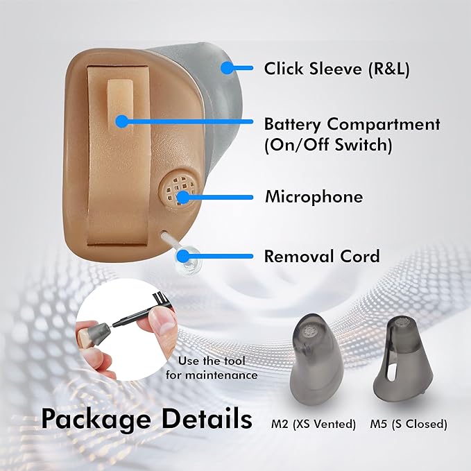 Detailed view of hearing aid components and maintenance tools, including the microphone.