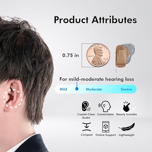 Product attributes of the hearing aid, highlighting its size, comfort, and audio clarity.