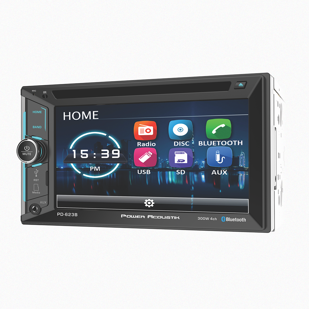 Power Acoustik car audio system with modern home screen display
