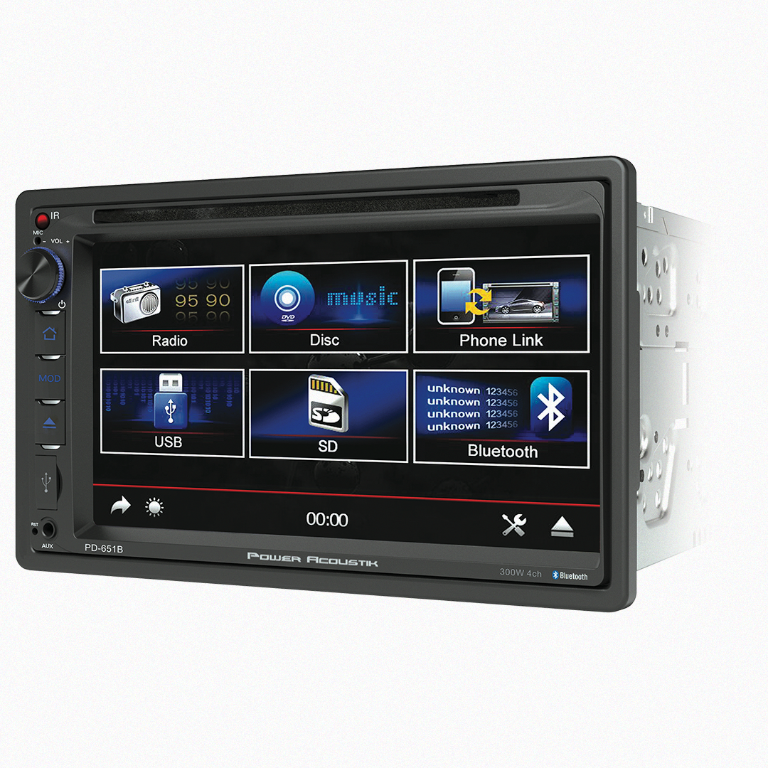 Display of Power Acoustik car multimedia system showing various media options.