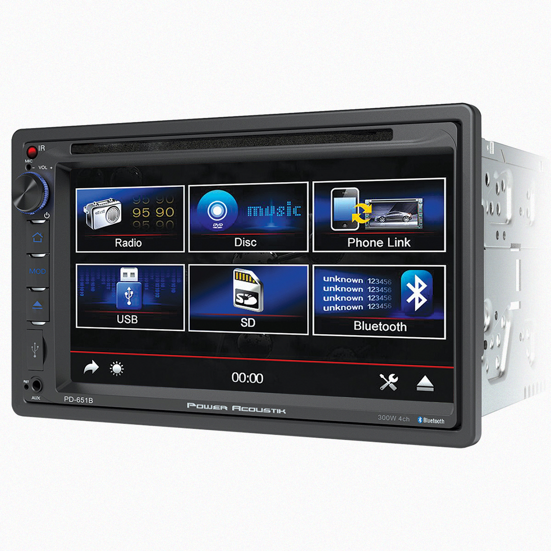 Front view of Soundstream car stereo system with functional buttons and display.