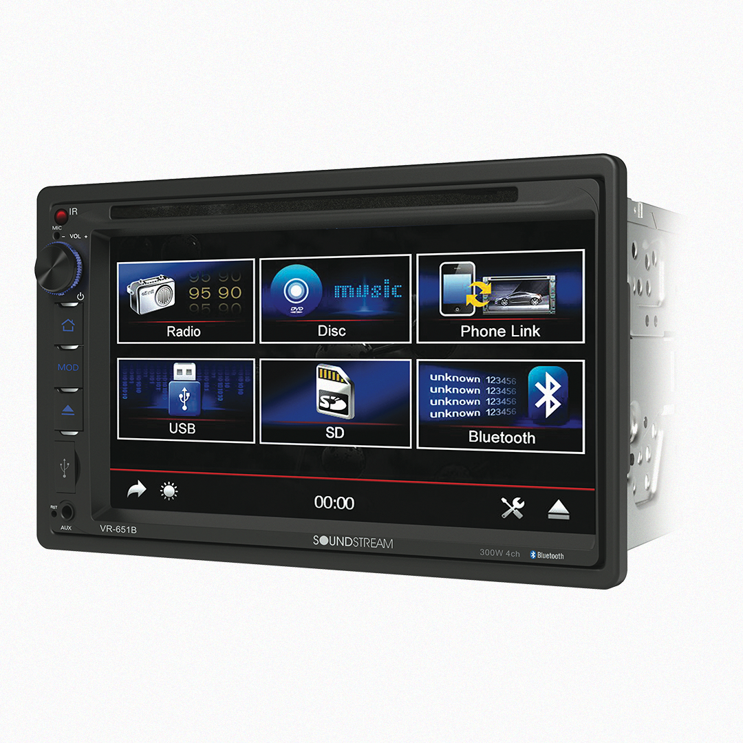 Soundstream car multimedia system with app display and settings.