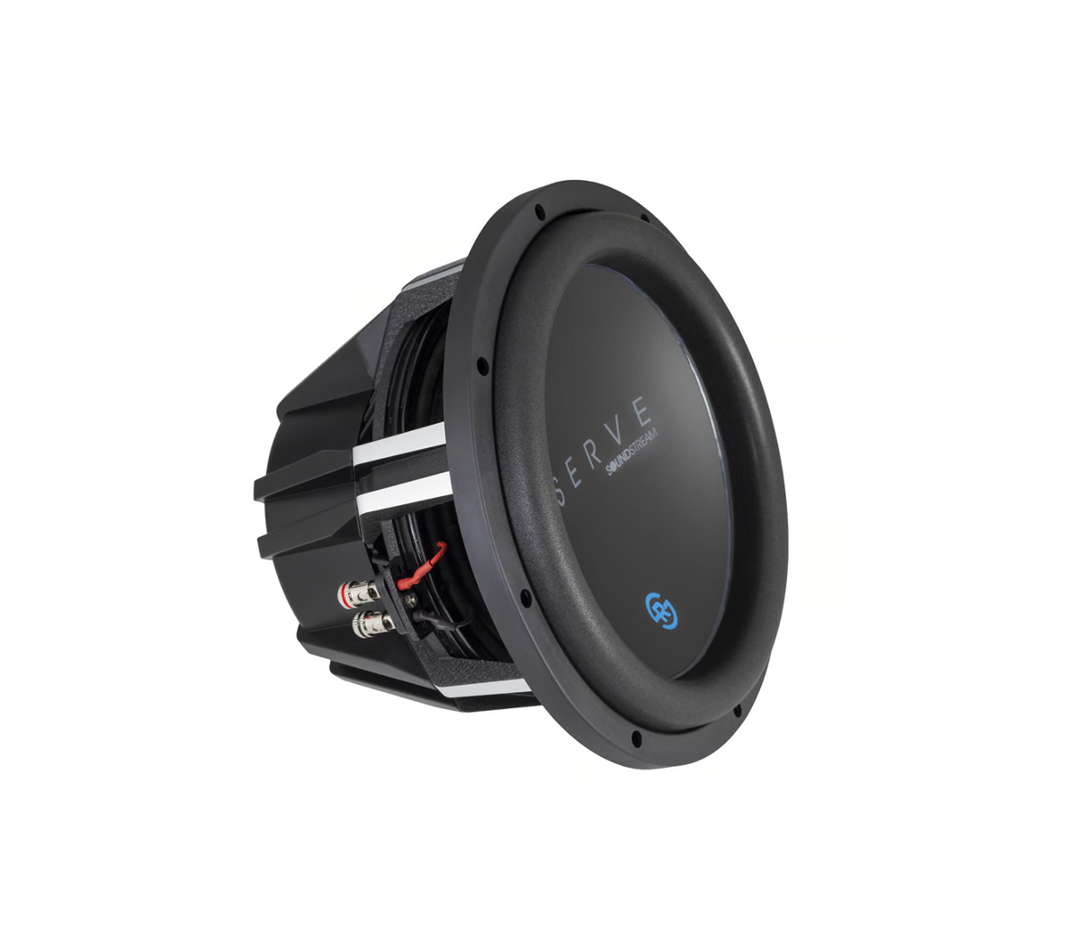 Angled view of Soundstream Reserve subwoofer with side connectors