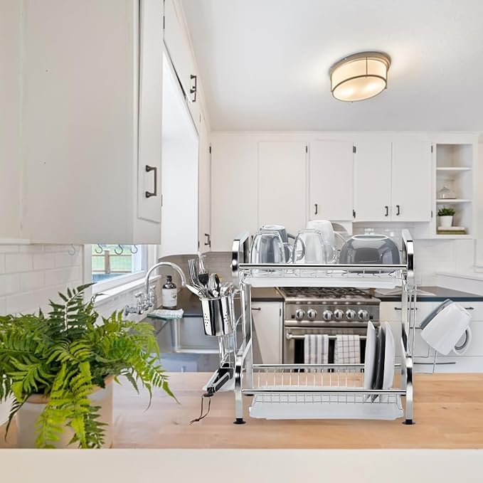Stainless steel dish rack in a modern kitchen setting
