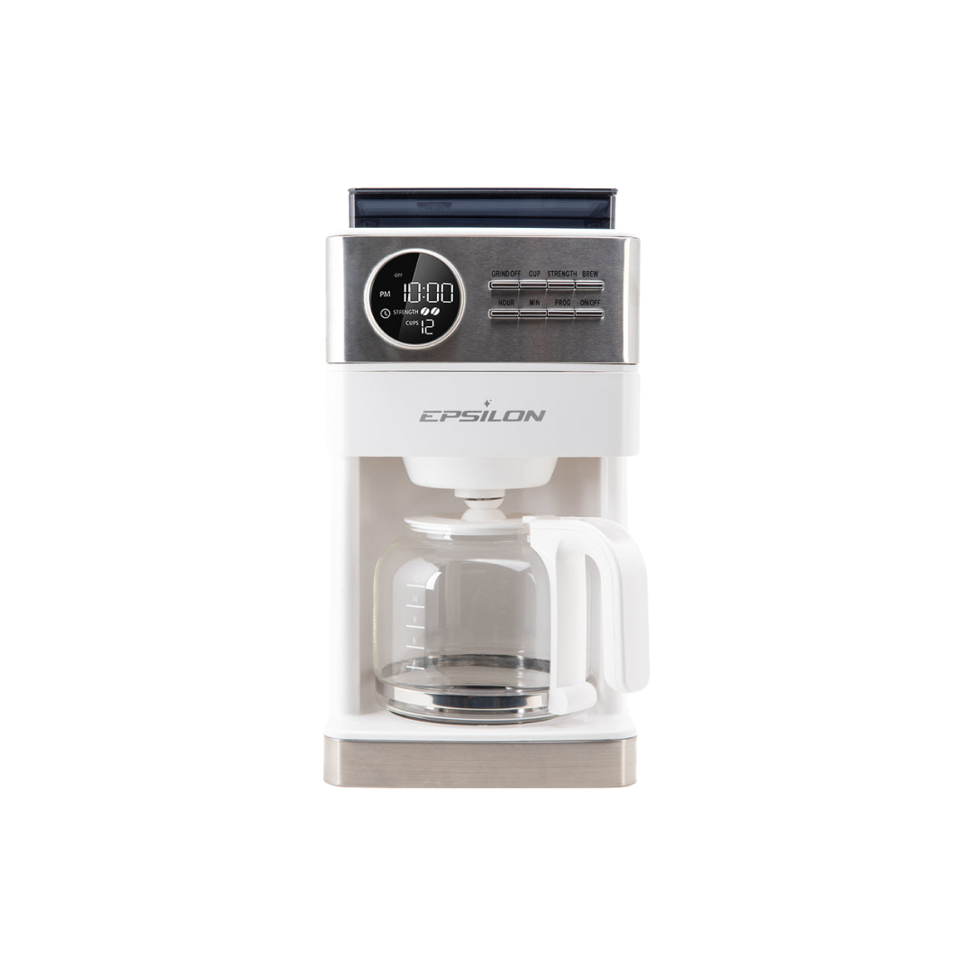 Epsilon Coffee Maker with Built-in Grinder, 12 Cup Programmable Drip Coffeemaker with Stainless Steel Filter Basket – White