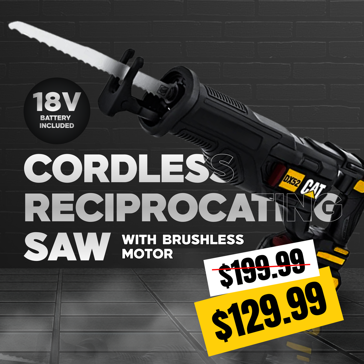 Cat DX52 18V Cordless Reciprocating Saw with 3000 SPM Variable Speed, Lightweight Brushless Reciprocating Saw, Reciprocating Saw Cordless with Tool-Free Blade Change – Battery & Charger Included