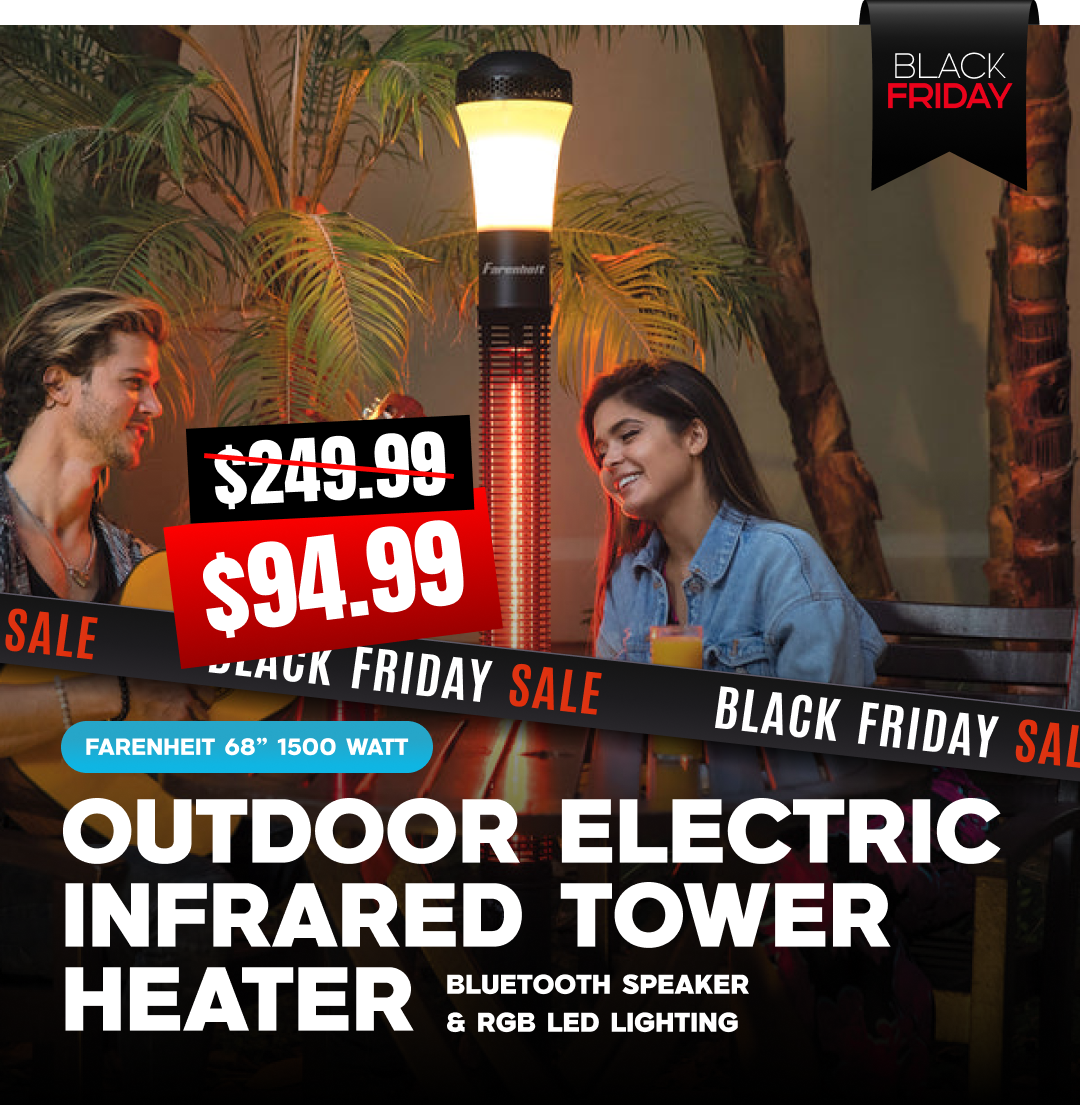 Farenheit 68” 1500 Watt Outdoor Electric Infrared Tower Heater w/ Bluetooth Speaker & RGB LED Lighting - Black