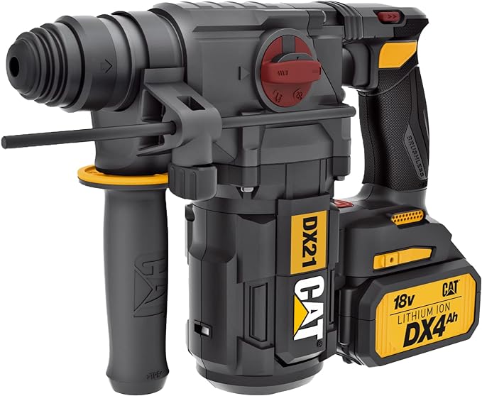 CAT power drill with SDS-Plus rotary hammer and handle.
