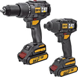 CAT DX12 cordless drill and DX71 impact driver side by side with Li-Ion batteries