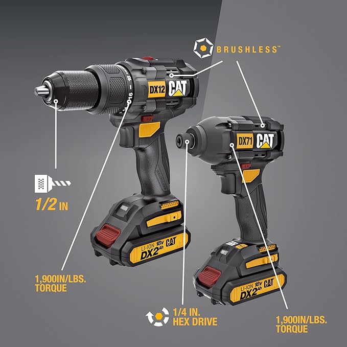 Diagram highlighting features of CAT DX12 drill and DX71 impact driver, including brushless motors and 1/4 inch hex drive