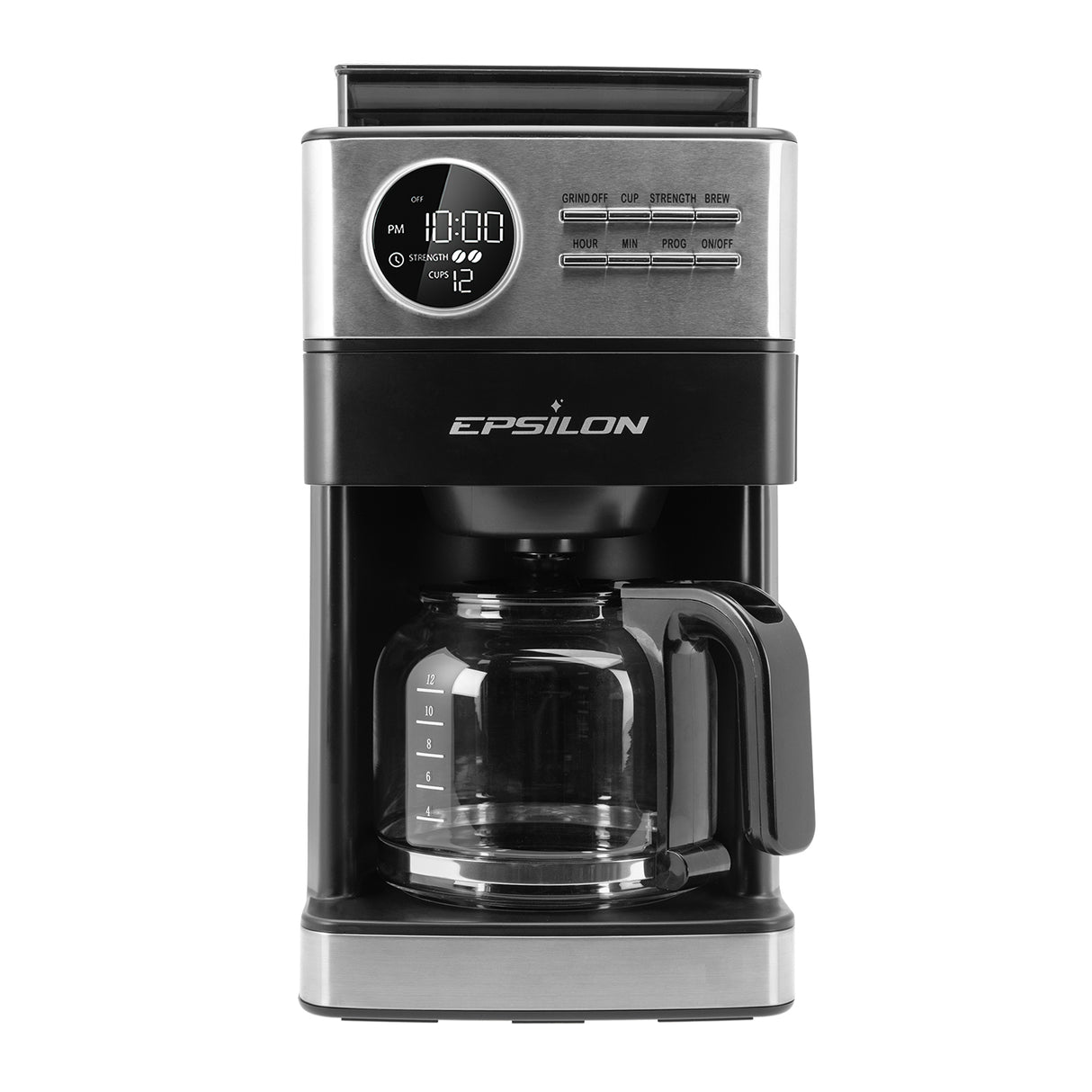 Epsilon Coffee Maker with Built-in Grinder, 12 Cup Programmable Drip Coffeemaker with Stainless Steel Filter Basket - Black