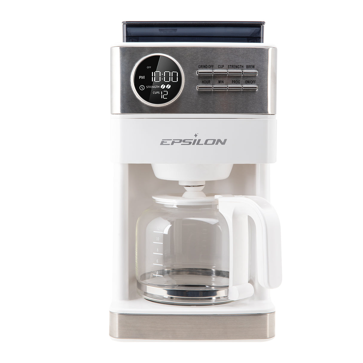 Epsilon Coffee Maker with Built-in Grinder, 12 Cup Programmable Drip Coffeemaker with Stainless Steel Filter Basket - White