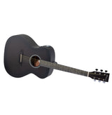 Side angle view of a matte black Power Acoustik guitar