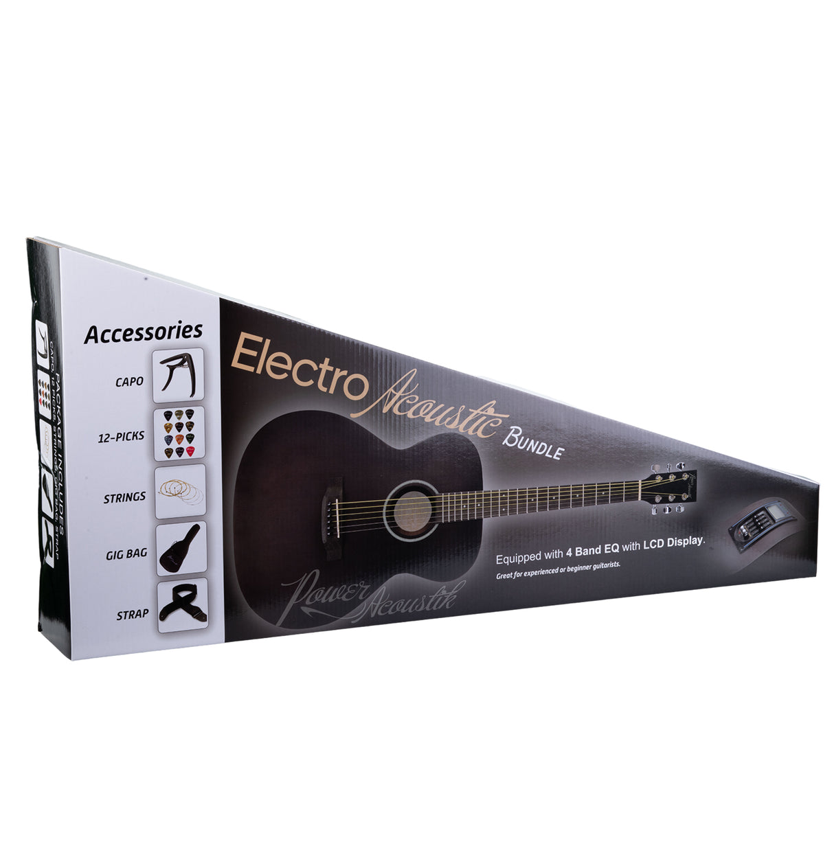 Packaging of Power Acoustik guitar with accessories