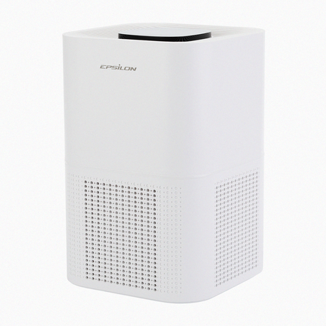 Front view of a white Epsilon air purifier with logo