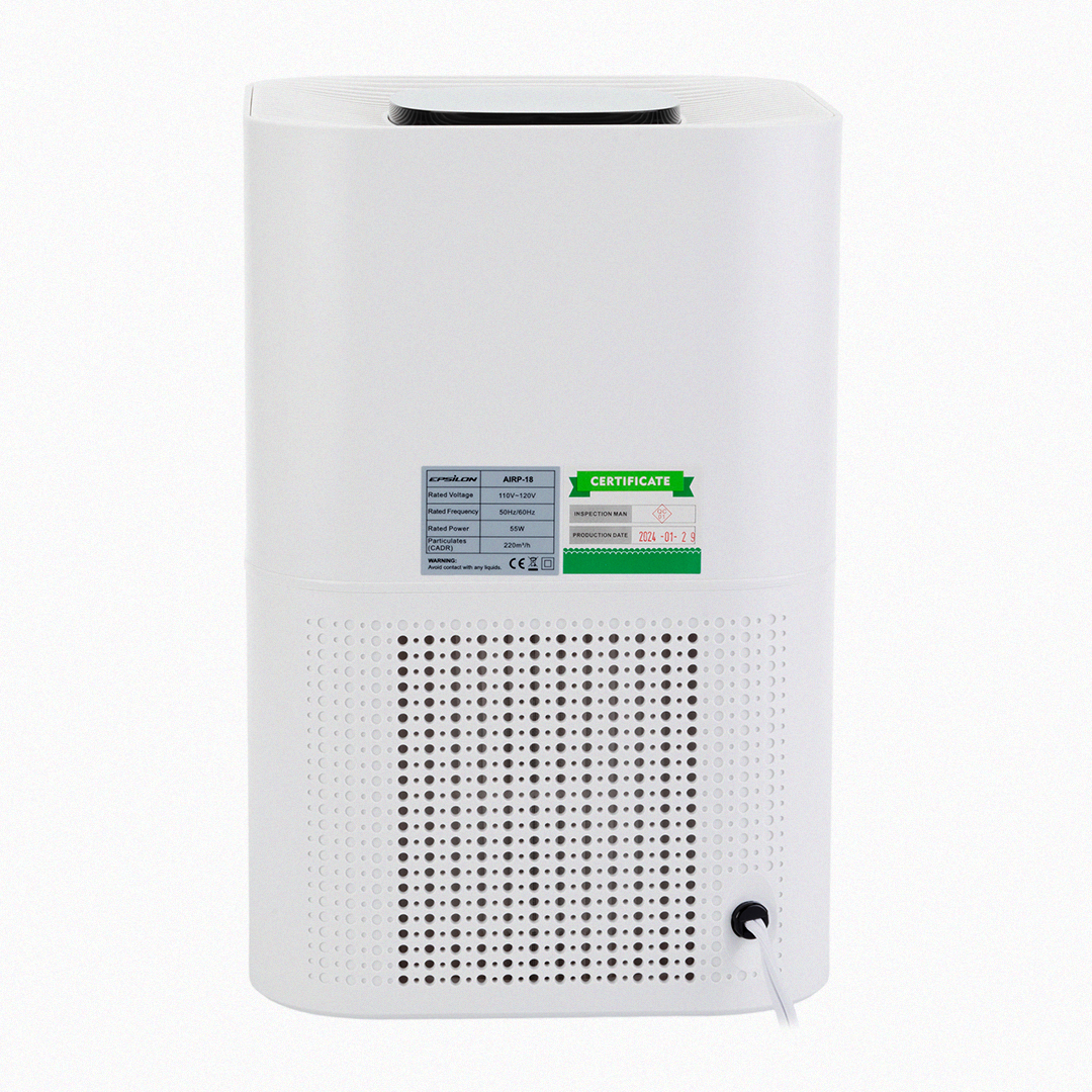 White Epsilon air purifier with certification label on the front