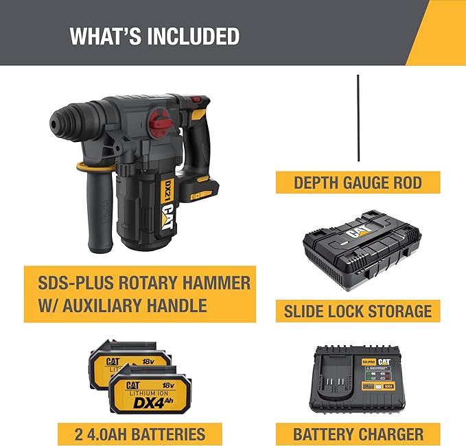 Power drill showcased with depth gauge, batteries, and case.