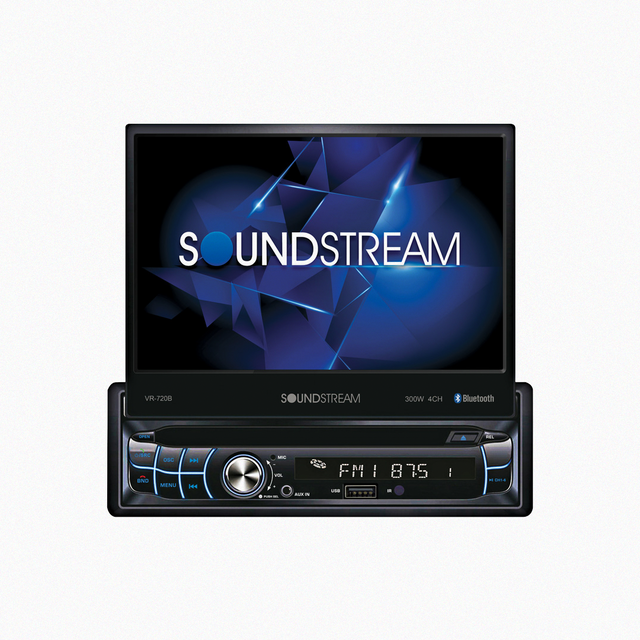 Front view of a Soundstream in-car multimedia display with screen showing logo