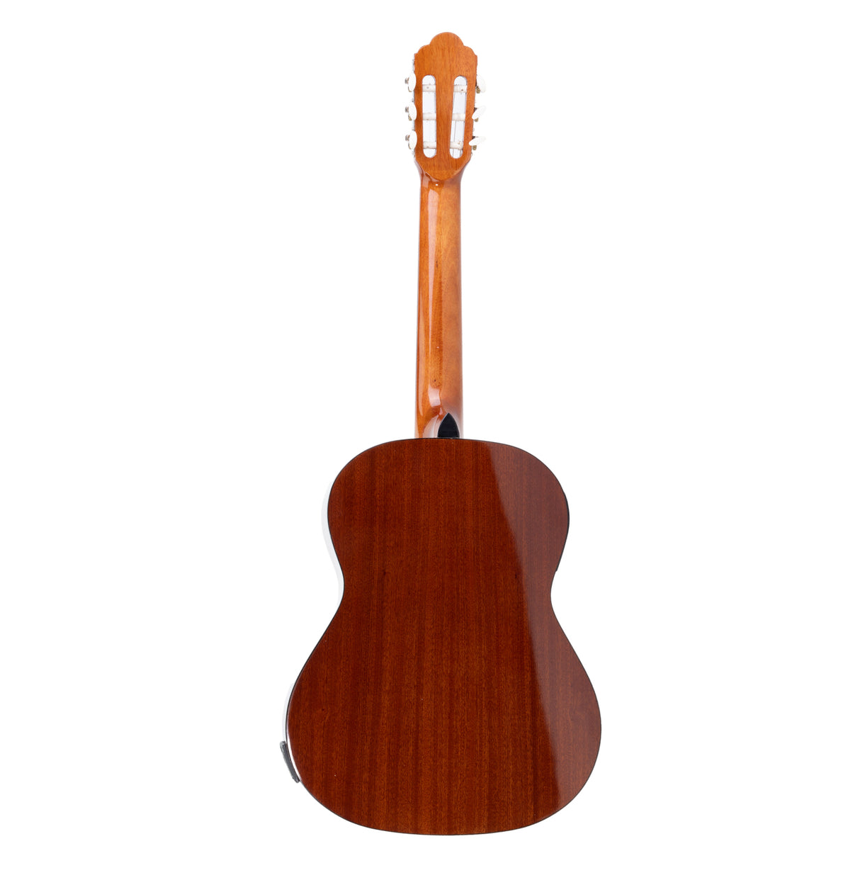 Vertical back view of an acoustic guitar