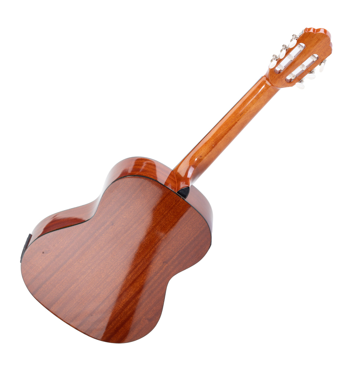 Back view of an acoustic guitar showcasing the wood grain