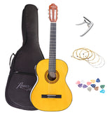 Acoustic guitar bundle including a capo, picks, strings, and a gig bag