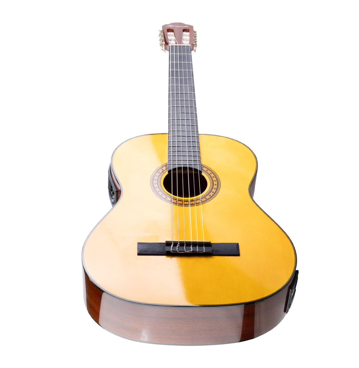 Horizontal front view of an acoustic guitar lying flat