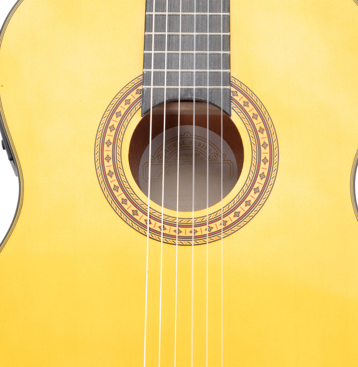 Close-up of the soundhole and rosette design on an acoustic guitar