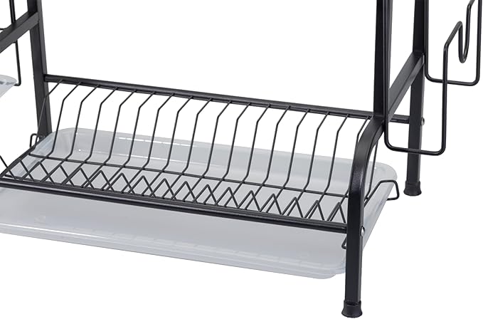 Close-up of the bottom shelf of a black dish rack