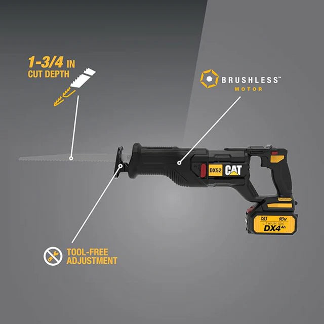 Cat DX52 18V Cordless Reciprocating Saw | Brushless Motor, 3,000 SPM, 1-3/16” Stroke, Tool-Free Blade Change, Compact Demolition Saw with Battery & Charger
