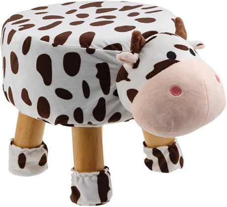 Plush cow-shaped animal stool with brown spots and wooden legs