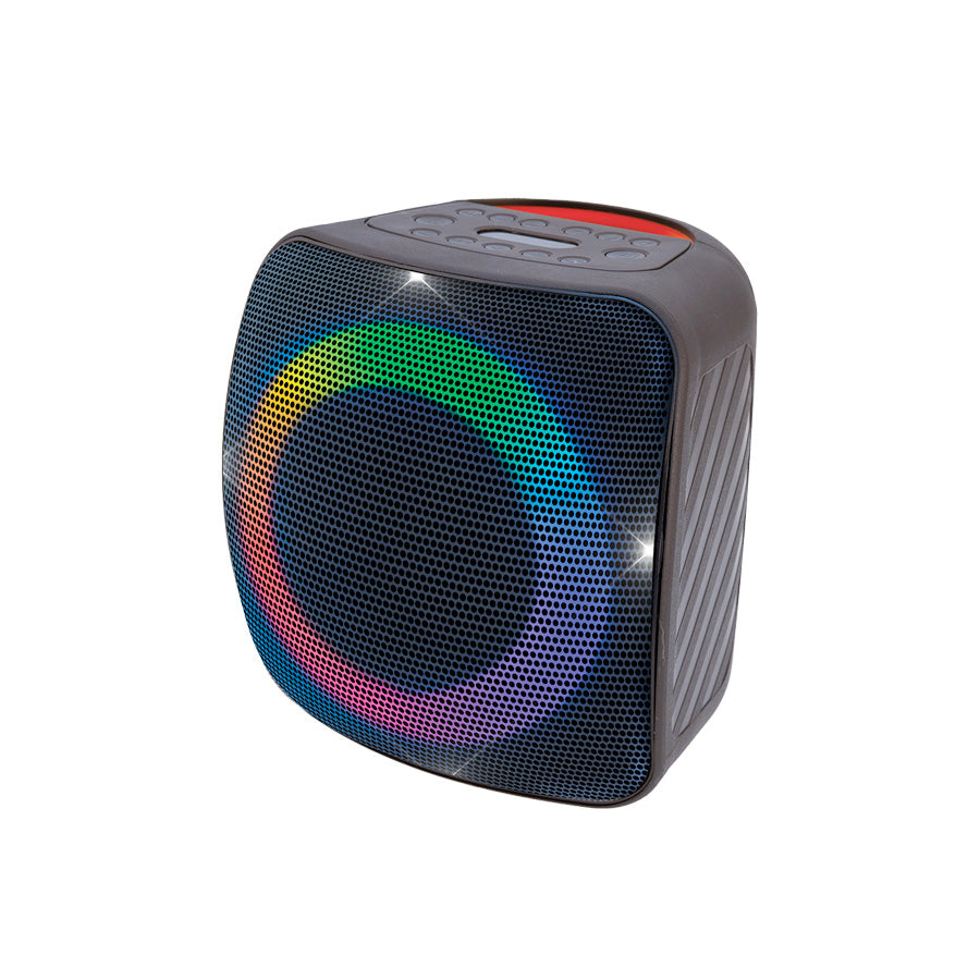 Front view of Cube portable Bluetooth speaker with LED lights