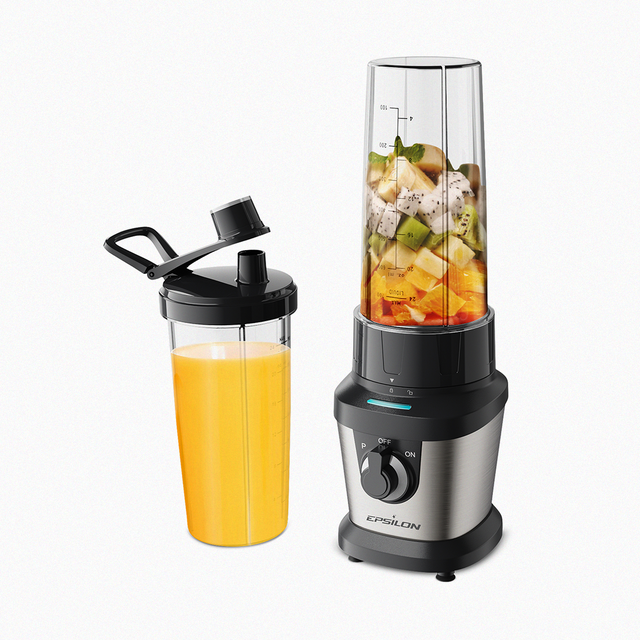 Epsilon blender with a smoothie cup and a fruit-filled blender cup