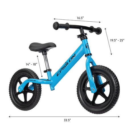 Blue Epsilon children's balance bike with detailed dimensions