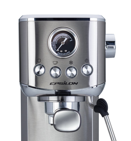 Epsilon espresso machine brewing two cups of coffee, stainless steel version