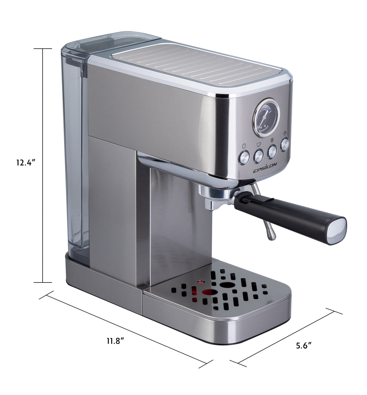 Epsilon espresso machine side view with dimensions, stainless steel version