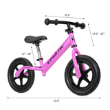 Pink Epsilon children's balance bike with detailed dimensions