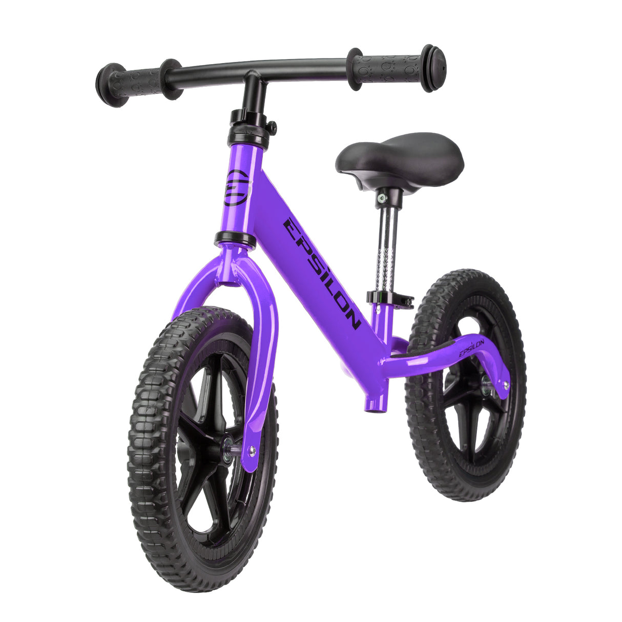 Side view of purple Epsilon children's balance bike