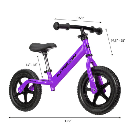 Purple Epsilon children's balance bike with detailed dimensions