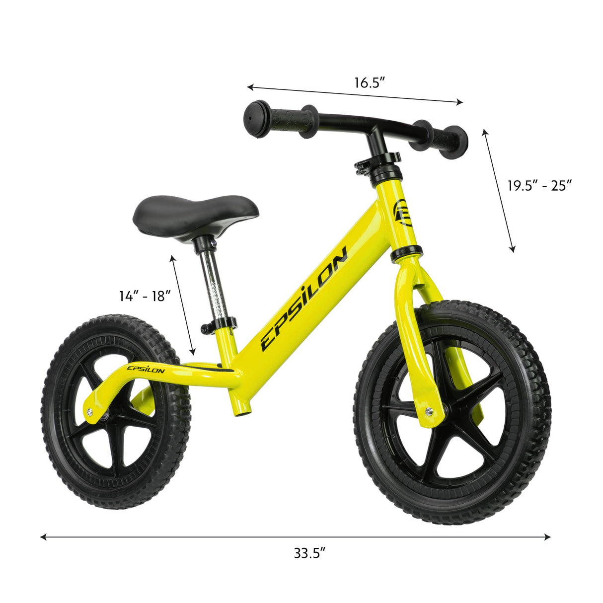 Yellow Epsilon children's balance bike with detailed dimensions